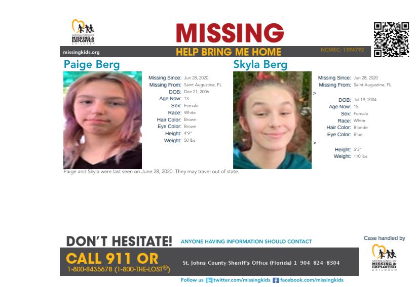NCMEC's tweet photo. 13-year-old Paige and 15-year-old Skyla were last seen on June 28, 2020 in St Augustine, #Florida. They may travel out of state.
https://t.co/jmFBZSLzl7 https://t.co/uWRjkwkW1u