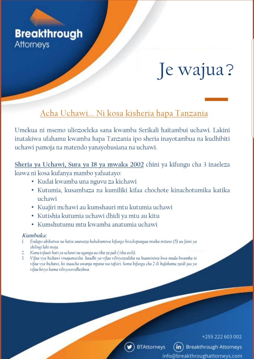 BTAttorneys's tweet photo. Tip:

Did you know Do Not Practice Witchcraft in Tanzania..Its a Crime
.................

JE, WAJUA Acha Uchawi...Ni Kosa Kisheria hapa Tanzania.. 

#LTT #LegalTipThursday #BreakthroughAttorneys  #LegalTip #WitchcraftAct https://t.co/AfB7QBnN6j
