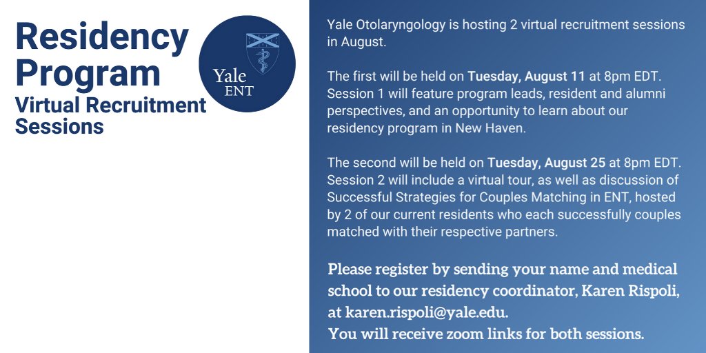 Yale_ENT's tweet photo. Yale ENT Residency is hosting 2 virtual recruitment sessions. Please reach out for more information! #YaleENT https://t.co/Xk7sJNoDL6