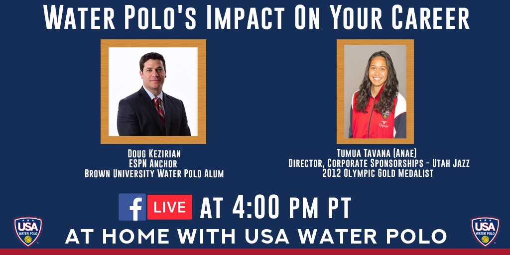 Closing out a great week of #AtHomeUSAWP today with Olympic gold medalist and @UtahJazz Director of Corporate Sponsorships <a href="/tumua_AnEye/">Tumua Anae Tavana</a> alongside @ESPN anchor and @brownwaterpolo alum @DougESPN. Watch live at 7pm et/4pm pt at Facebook.com/usawp.