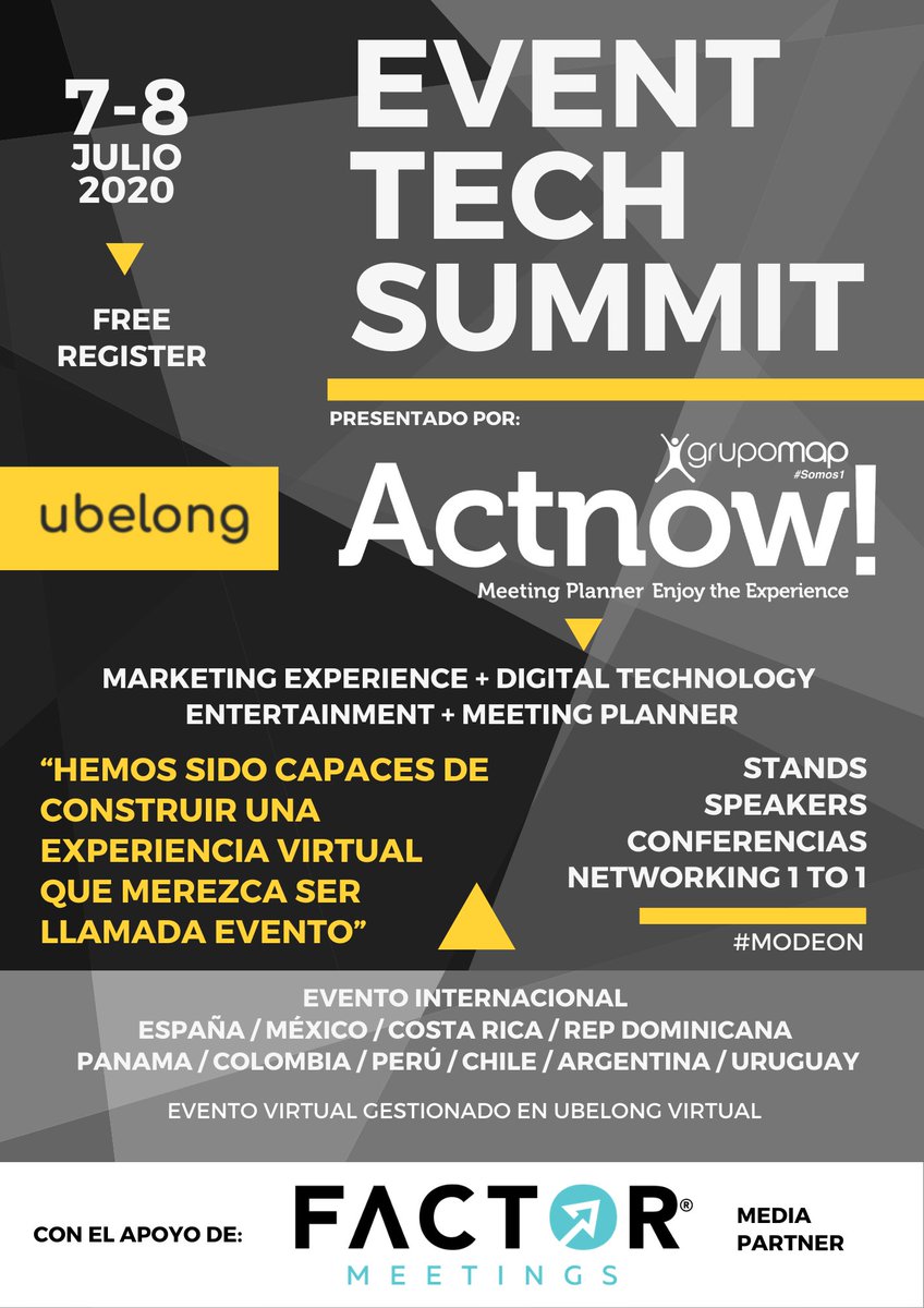 FactorMeetings's tweet photo. España, México, Costa Rica, República Dominicana, Panamá, Colombia, Perú, Chile, Argentina y Uruguay, se unen para presentar #EventTechSummit: "Tecnología para eventos: presenciales, híbridos y virtuales".
📆 7 y 8 de julio de 2020.
👉Entrada Gratuita. https://t.co/9WN75pbG5J https://t.co/88h3Y9Ye1k