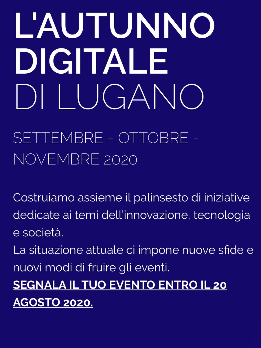 Come sarà l’Autunno? #digitaleènormale 🚀
Parliamone domani venerdì 3.07 alle 10:30, live streaming da: youtube.com/channel/UCRV7a…
📌 Conferenza stampa dell’ #AutunnoDigitale di #Lugano 📌 Primi eventi e call aperta fino al 20 agosto 2020 👉 lugano.digital