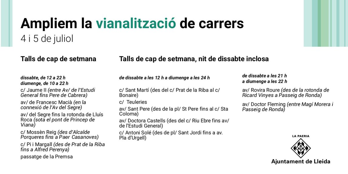 gUrbanaLleida's tweet photo. 📢Conversió de 13 carrers i avingudes de #Lleida en zones de vianants per aquest cap de setmana!🚶🏼🚴🏼🛴▶️La mesura s’amplia a Dr Fleming, Pi i Margall i Passatge la Premsa, però no es tallaran les avingudes Madrid, Blondel i Joana Raspall. Més info 👉🏼 https://t.co/xAoh5EJJpt https://t.co/Rc338hT5ZS