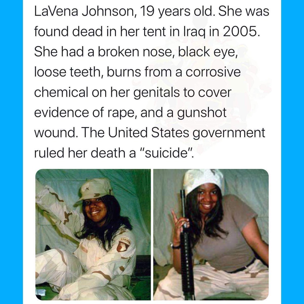 Boowie84's tweet photo. 🙏🏾🕊 #LaVenaJohnson #VanessaGuillen

Understand that the US ARMY hasn't been right since forever https://t.co/NLqwUqHnd3