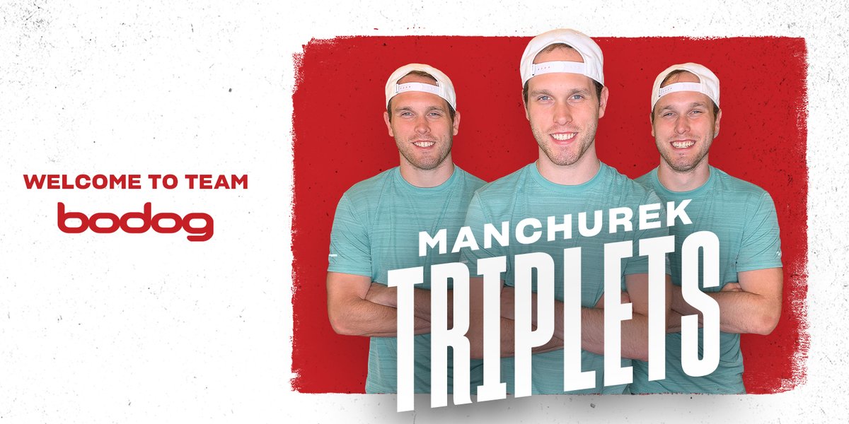 Over the next week, we'll be introducing you to our newest ambassadors! 👋 
 
The Manchurek Triplets have moved from the ice to the feed, garnering over 15 Million Video Views and 1 Million Fans on TikTok! 🏒➡️🎥 

Join us in welcoming Joey, Robbie and Mark to #TeamBodog! 👊