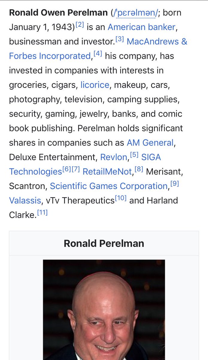 23/ RONALD PERELMANCutthroat banker & businessmanFather was super rich & lived to 101Dirty AF, big Hussein donorInteresting read https://archive.fortune.com/2010/01/05/news/companies/ronald_perelman_revlon.fortune/index.htm