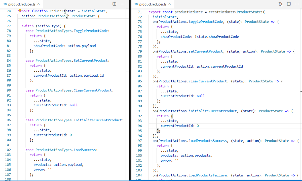 DeborahKurata's tweet photo. NgRx Tip: Use the new createReducer and "on" functions.
On the left: original reducer function with switch/case
On the right: new createReducer syntax
#NgRx #Angular #angulartip #DeborahKTip https://t.co/VKOJiR3p8N