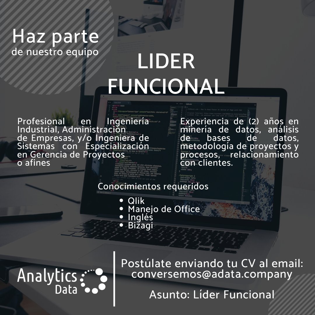 AnalyticsDataCo's tweet image. Líder Funcional 📣 Haz parte del equipo #AnalyticsData
Buscamos tu talento, etiqueta a tus referidos, comparte o envíanos tu CV a: conversemos@adata.company
#OportunidadLaboral #TrabajoSiHay #Tecnología #Colombia #Consultor #Analítica