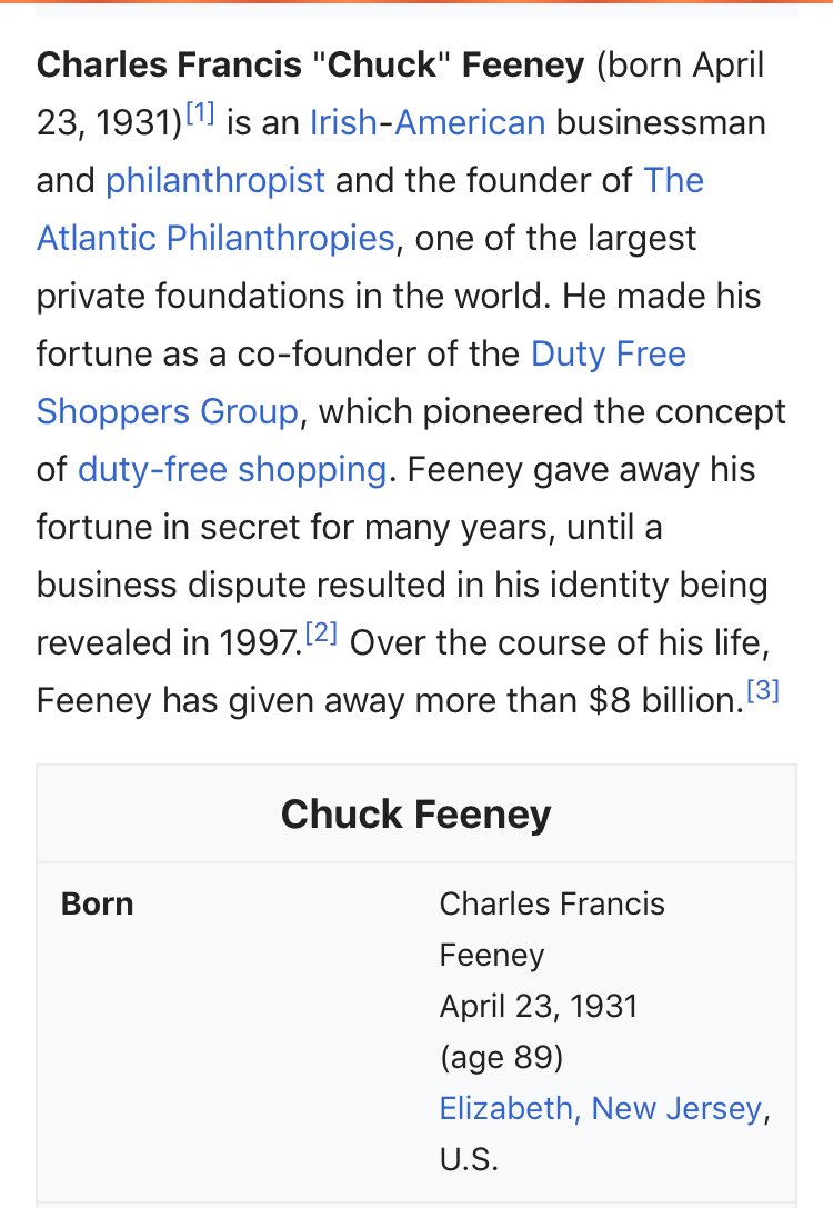 24/ CHUCK FEENEYDual Irish/US citizenMajor quiet donor to Leftist efforts-HRC campaign-ObamacareWorked with [BC] to turn ***Irish terror org*** into Dem fundraisers