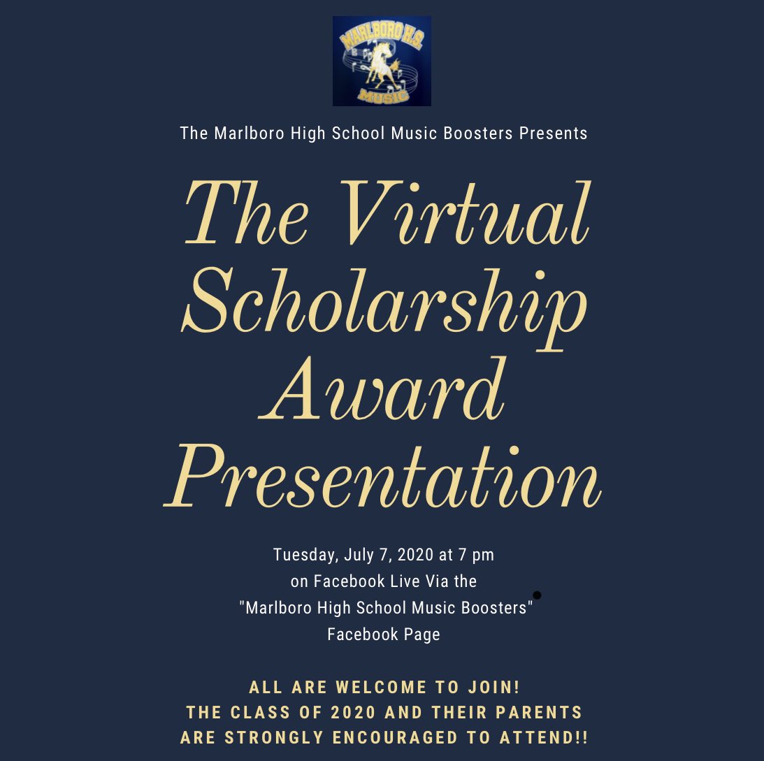 MHSMusicBooste1's tweet photo. Please join us to see who from the Clas of 2020 receives the Marlboro HS Music Booster Scholarships!!! https://t.co/ePx2A9P7IZ