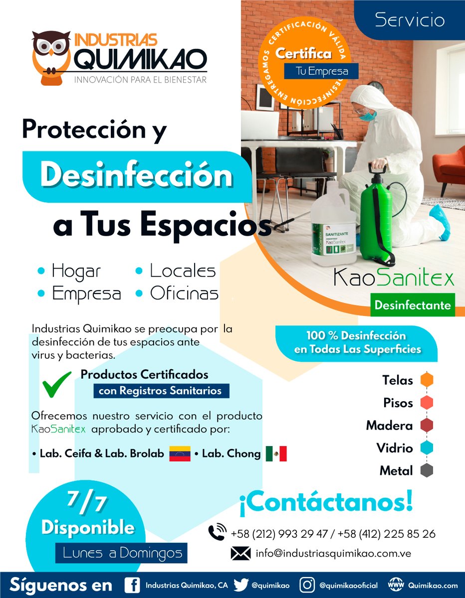 quimikao's tweet photo. I  N  F  O  R  M  A  C  I  Ó  N 🦉

Te Brindamos Protección y Seguridad a tus Espacios:

• #Hogar
• #Empresa
• #Locales
• #Oficinas

Contáctanos!

#higiene #jabon #desinfectante #venezuela #caracas #antibacterial https://t.co/YFYIbMT6Wd