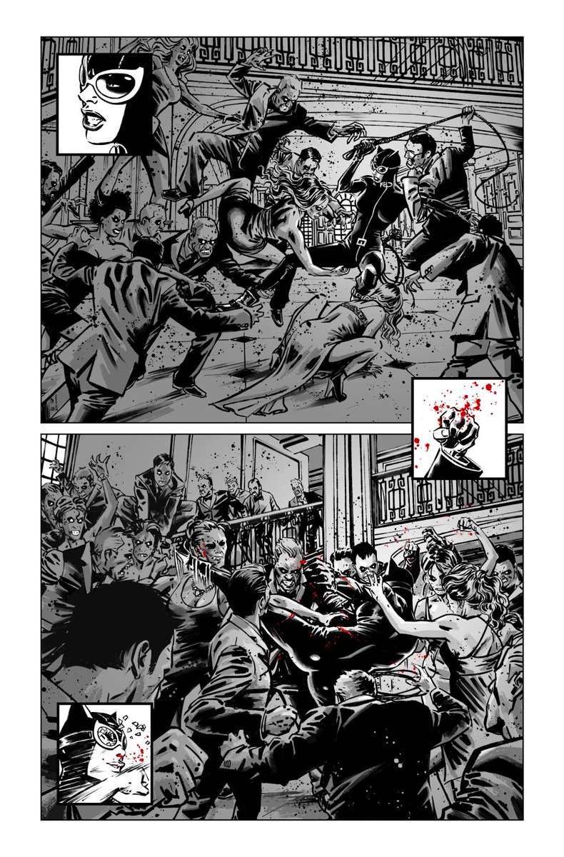I this scene I wanted mirroring Frank Miller’s Electra Lives Again scene at the cemetery. In panel 1 I mirrored the same fight composition, but where FM scene is a gorgeous “death dance” elegantly coreographed, mine should turn in a dirty zombie melee.
