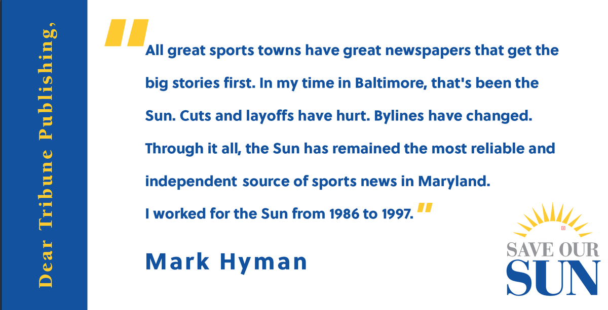 SaveOurSun's tweet photo. We can't forget about our sports news! Sun alum @UMDsportsprof sees the need for quality hometown sports coverage. #FromTheSunAlum #SaveOurSunHon https://t.co/47jzPkL9TU