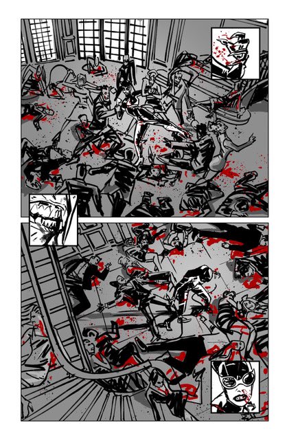 So the homage was just the start point, but I was looking for something different, so I added some insets which increased the tension and urgency mood of the scene. Also I moved away the camera progressively going from the fight to a zenithal shot of the final massacre.