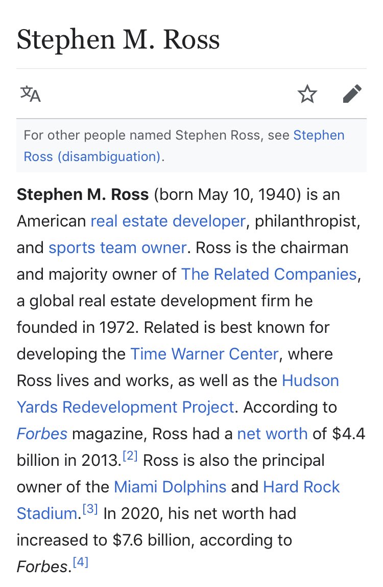 26/ STEPHEN ROSSReal estate & Sports teamsSupported MittensAND POTUS - some of his companies bent the knee *but* he’s still being called a “Trump crony” by the press in 2020... so he might be a POTUS insider