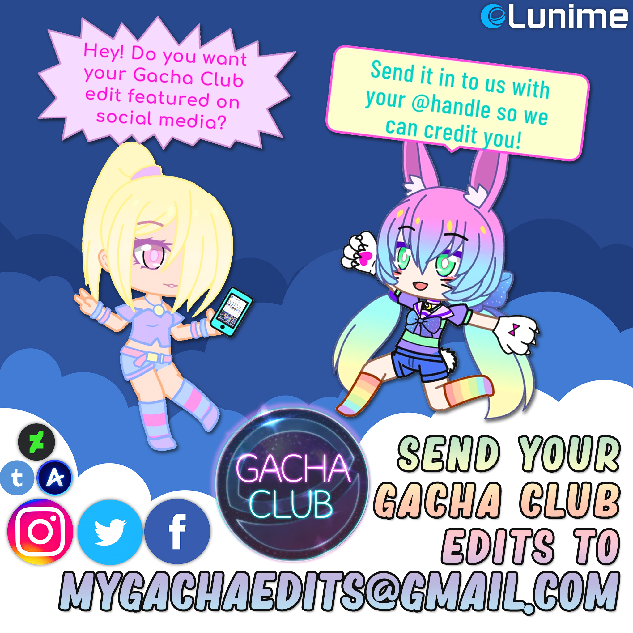 Lunime on X: Are you enjoying Gacha Club?! If you also enjoy editing your  OCs, be sure to send in your Gacha Club edits to MyGachaEdits@gmail.com for  a chance to be featured!