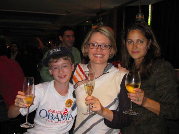 "to register to vote, donate and turn out for Barack Obama (below is a picture of me with my older son and a friend celebrating election day - his election was celebrated by people of all nationalities)....