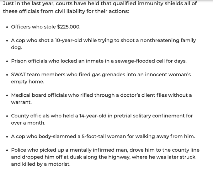 AbolishQI's tweet photo. Here is what qualified immunity protects. https://t.co/IvZt19pPEK https://t.co/VFij76C1zN