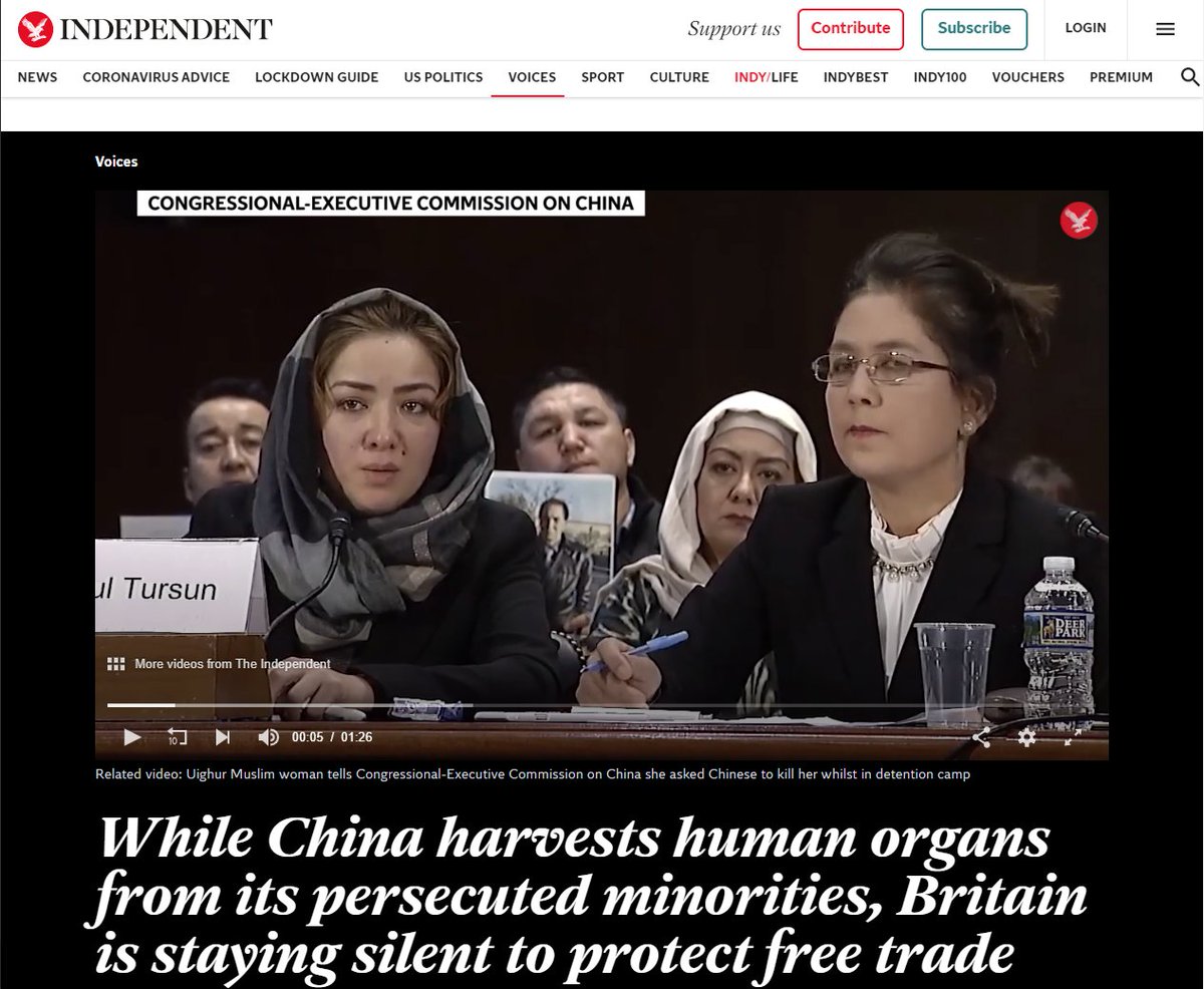"While China harvests human organs from its persecuted minorities, Britain is staying silent to protect free trade"The West (and middle-east) must demand the complete cessation of this genocide - the CCP can't afford to lose so many markets combined. https://www.independent.co.uk/voices/china-religious-ethnic-minorities-organ-harvesting-uighur-muslims-falun-gong-brexit-a9120146.html