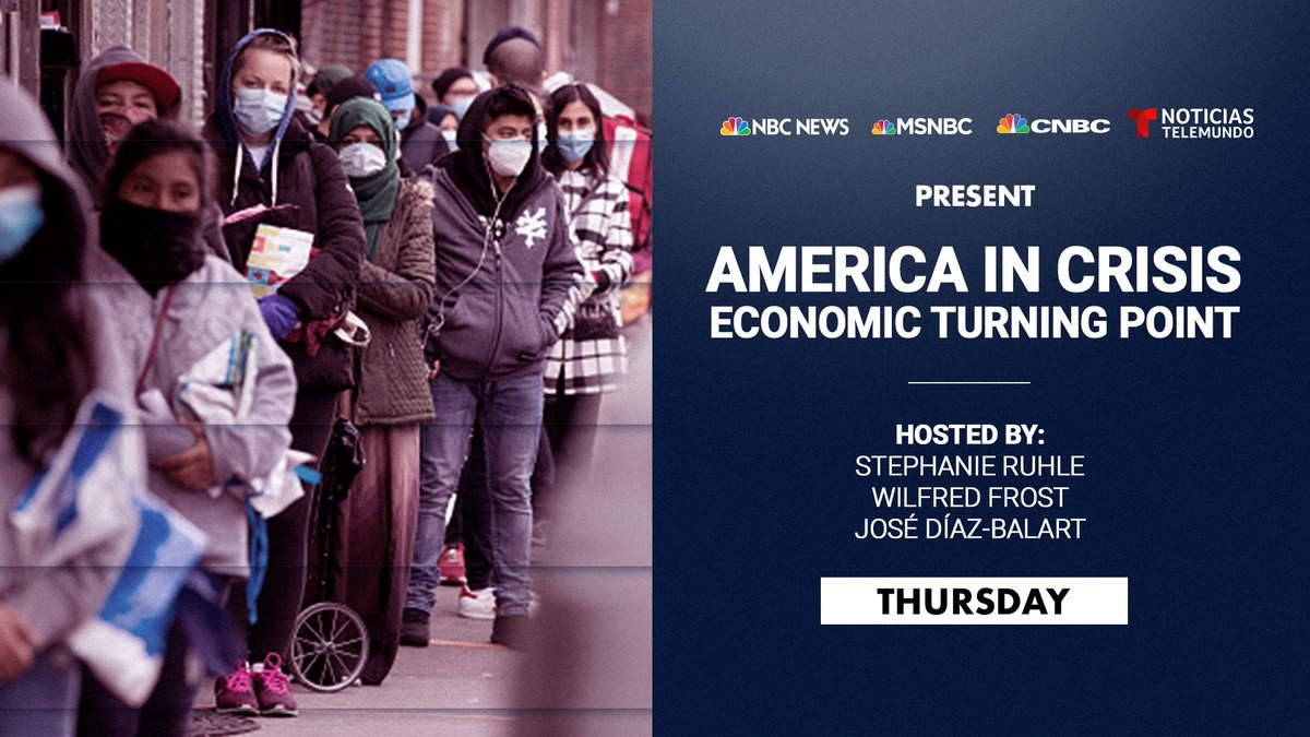 NBC News PR (@nbcnewspr) on Twitter photo TONIGHT at 8 pm ET: America in Crisis - Economic Turning Point, a joint special with <a href="/NBCNews/">NBC News</a>, <a href="/MSNBC/">MSNBC</a>, <a href="/CNBC/">CNBC</a> and <a href="/TelemundoNews/">Noticias Telemundo</a>. Hosted by <a href="/SRuhle/">Stephanie Ruhle</a>, <a href="/WilfredFrost/">Wilfred Frost</a> and @JDBalart.
Watch on @NBCNewsNOW. TONIGHT at 8 pm ET: America in Crisis - Economic Turning Point, a joint special with <a href="/NBCNews/">NBC News</a>, <a href="/MSNBC/">MSNBC</a>, <a href="/CNBC/">CNBC</a> and <a href="/TelemundoNews/">Noticias Telemundo</a>. Hosted by <a href="/SRuhle/">Stephanie Ruhle</a>, <a href="/WilfredFrost/">Wilfred Frost</a> and @JDBalart.
Watch on @NBCNewsNOW.