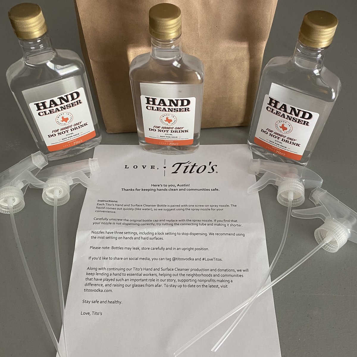 Thank you, @TitosVodka! 

Tito’s is giving away free hand sanitizer today from 12:00 - 6:00 PM (while supplies last). Must be wearing face mask/covering 😷.

Details: titosvodka.com/stories/titos-…

#LoveTitos | #ATX | #Community