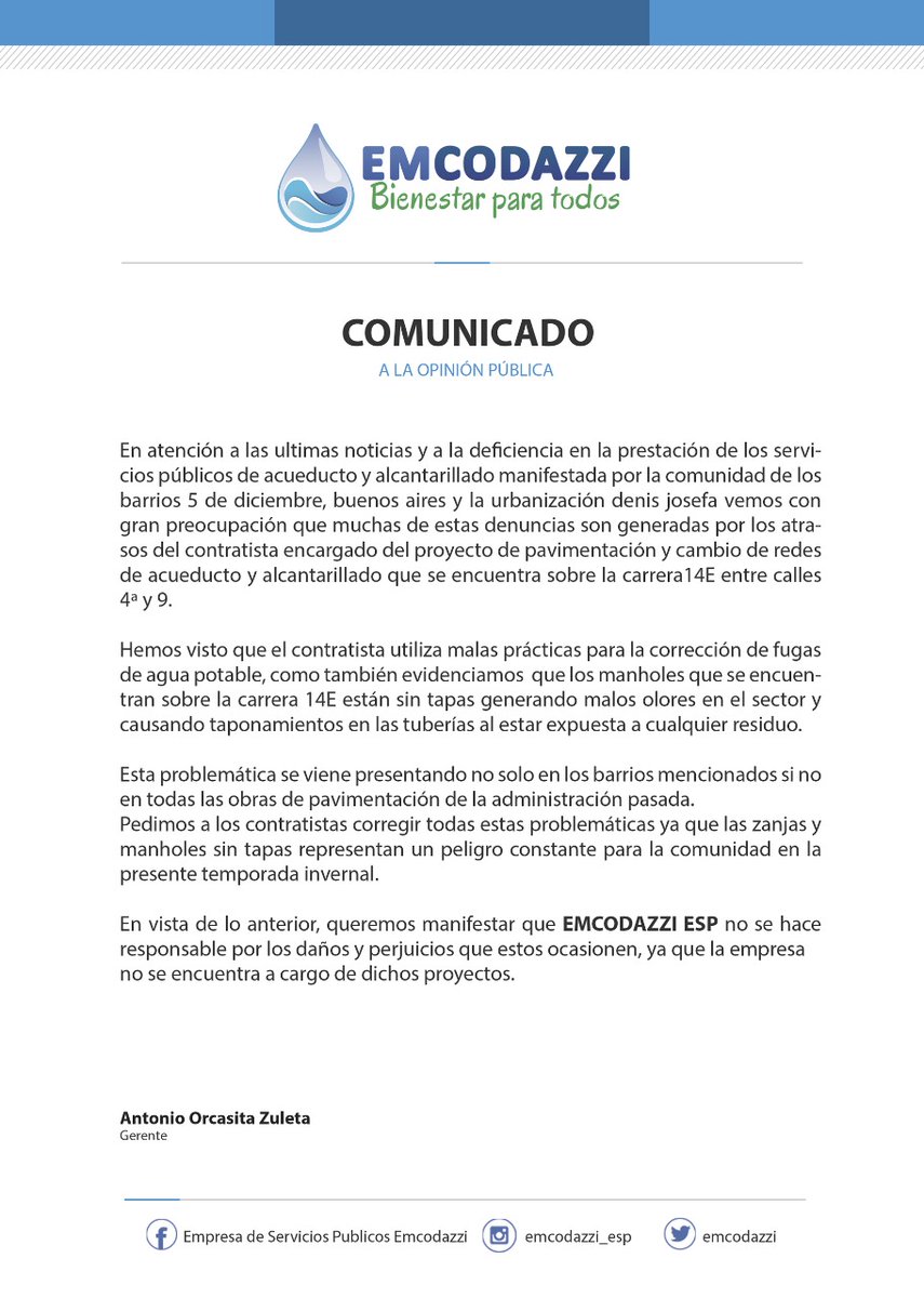 emcodazzi's tweet photo. #COMUNICADO 

Sobre las problemas de acueducto y alcantarillado en barrios donde se adelantan proyectos de pavimentación #Emcodazzi le informa a la comunidad que no es responsable de los daños causados ya que la empresa no se encuentra a cargo de dichos proyectos. https://t.co/Jeyha11IyK