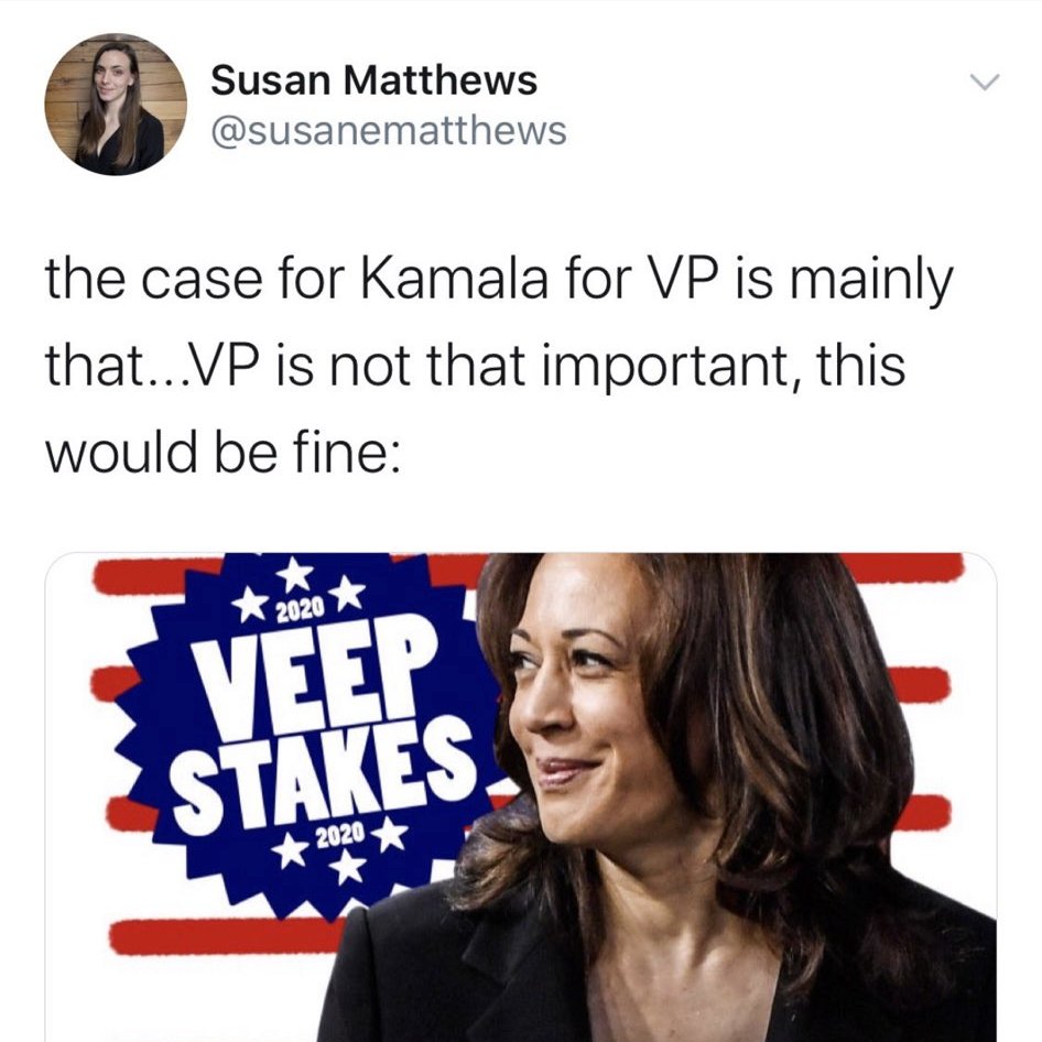 1/ @susanematthews. The framing of this is incredibly problematic for several reasons, saying VP "isn't important" so "Kamala would fine" meaning Kamala's long list of qualifications is somehow "not important" is some next level misogynoir ish. Also, here's some civics 101 for you