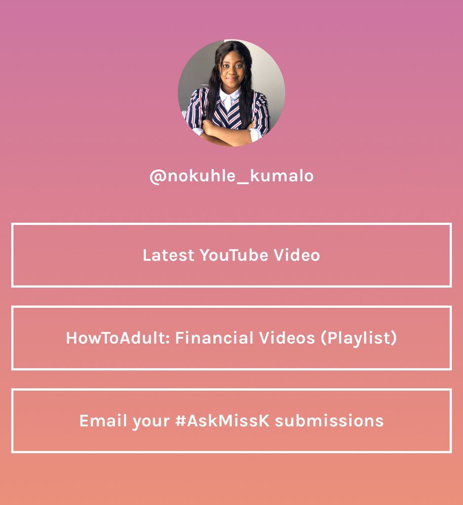 Guyyyys 💓

so I just got a linktree that has all the various links you may need not access my content.

- my latest video (Credit Scores 💳)
- the whole #HowToAdult playlist 
- direct email for #AskMissK submissions

so check out the link in my bio 🔗 for your various needs.