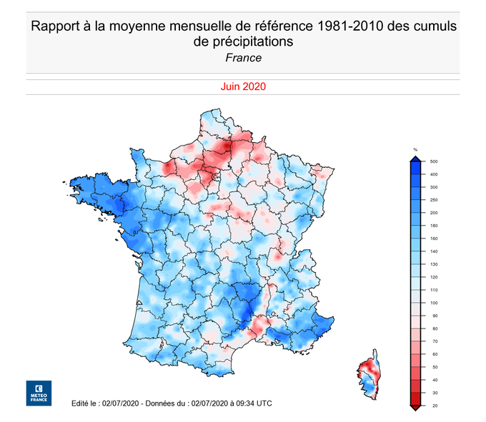 Meteovilles's tweet photo. ☔ Le mois de juin a été arrosé en France. L'excédent pluviométrique national atteint +28%. (via @meteofrance) https://t.co/b0cjoF39iv