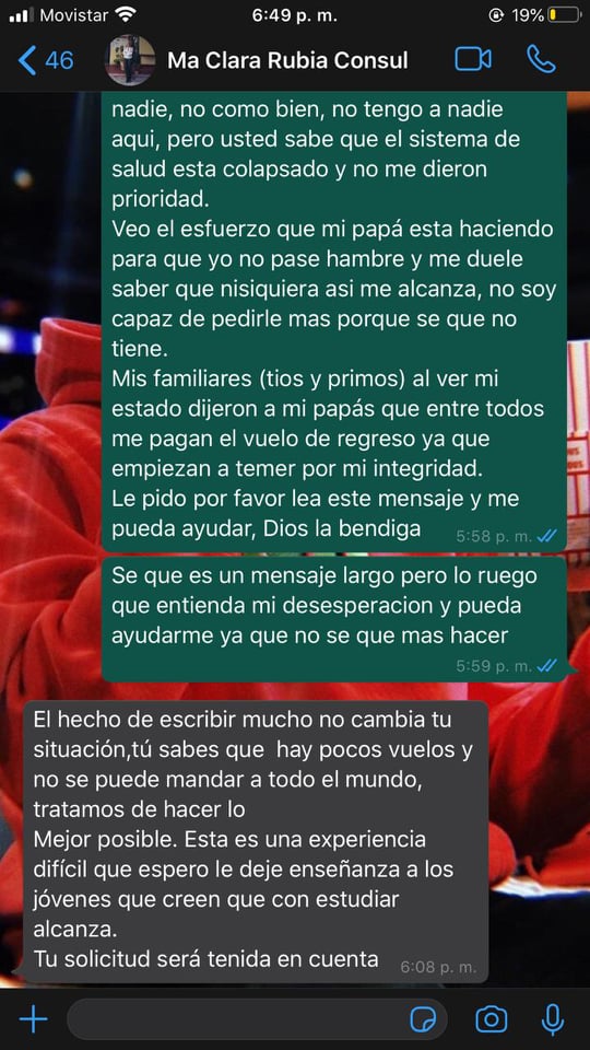 TatanDelvalle's tweet photo. Una estudiante desesperada por la situación que vive en Argentina consecuente de la pandemia, acude a la cónsul MARIA CLARA RUBIANO RIVADENEIRA para solicitarte ayudar para embarcar en un vuelo humanitario a Colombia (Como regresó Borré y Quintero al país) y esta es la respuesta https://t.co/dGLfgWUHar