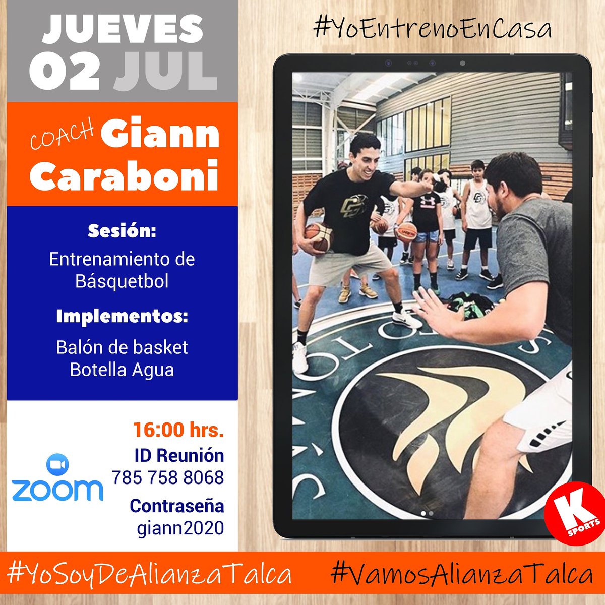 Hoy a las 16:00 hrs vamos con una nueva sesión de entrenamiento con nuestro coach <a href="/GCaraboni/">Giann Caraboni C.</a>.
#YoSoyDeAlianzaTalca #VamosAlianza