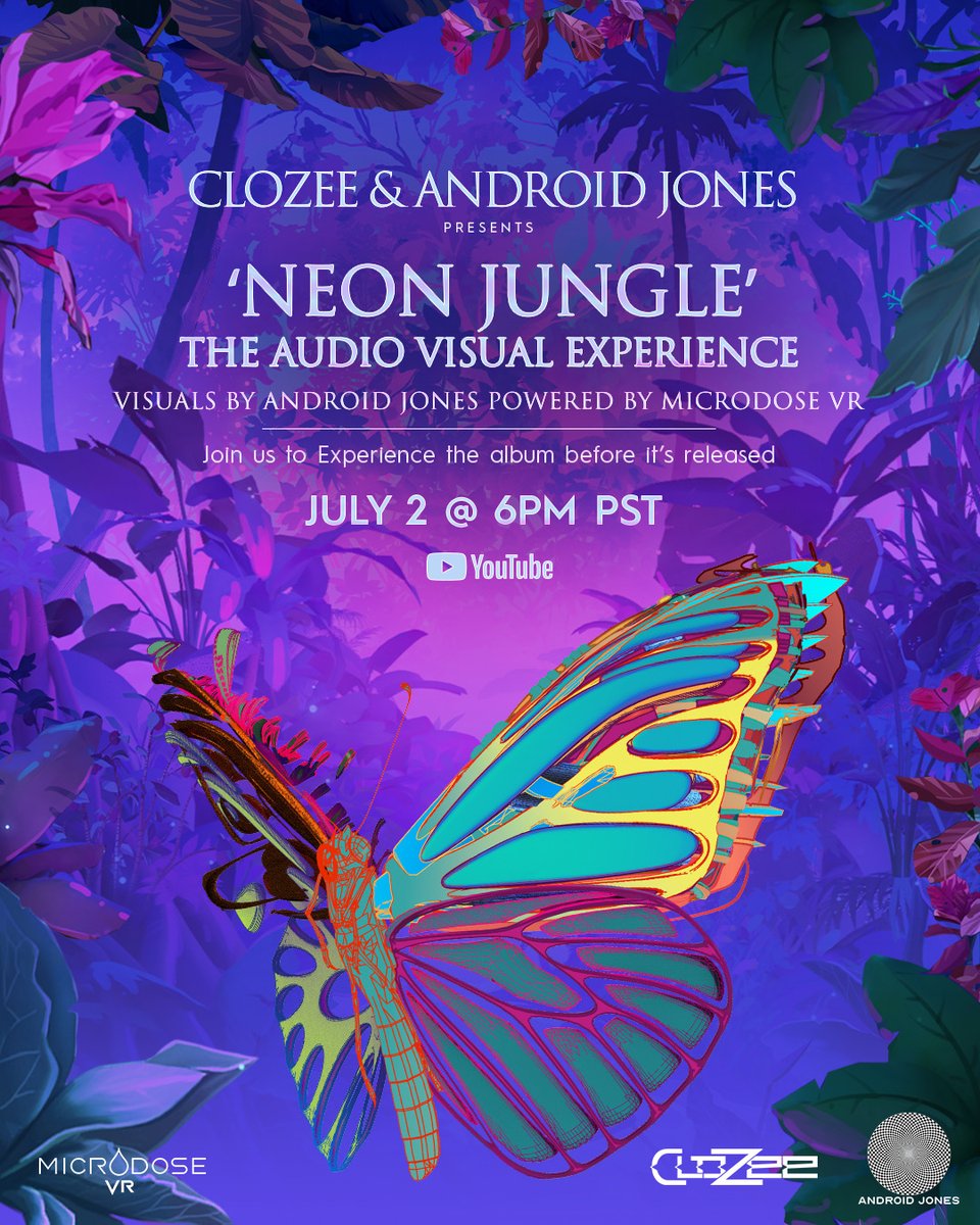 It's goin down today 6pm pst with @Android_Jones x @microdoseVR 🔊 We're giving you the first listen of 'Neon Jungle' all the way through! You can tune in on my youtube here: youtube.com/c/clozeeoffici…