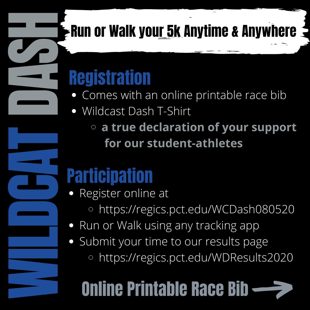 PCTWBasketball's tweet photo. On your mark, get set, DASH! 🐾We have officially kicked off our inaugural Wildcat Dash Virtual 5k walk/run event with @pctwsoccer! Get your running shoes on and get ready to go Wild with the Big Dogs. Link in bio to register! #WeWild😼 #virtual5k #wildcatdash🏀⚽️ https://t.co/VX9SSwZOgz