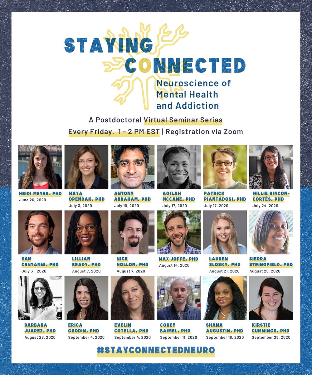 The full lineup for now through September is confirmed for the #stayconnectedneuro series.

This whole series of speakers is the face of the next generation of neuroscience, so tune in to see the future!

Make sure to join this Friday for <a href="/maya_opendak/">Maya Opendak</a>