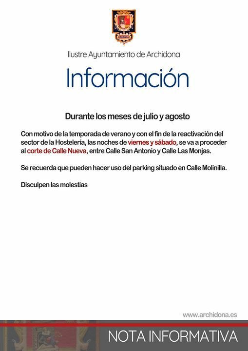 📌INFORMACIÓN 
Las noches de viernes y sábado de los meses de julio y agosto calle nueva, entre calle San Antonio y Las Monjas permanecerá corta al tráfico. <a href="/Poli_Archidona/">P.Local Archidona</a> <a href="/AyuntArchidona/">Ayunt Archidona</a> @archidonainf #archidona