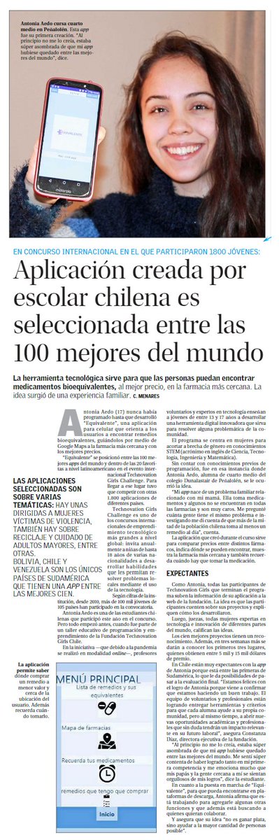 ¡SECA!💪🏽 Antonia Aedo (17 años) creó "Equivalente", una app que ayuda a encontrar remedios bioequivalentes, y que fue seleccionada entre las 100 mejores del mundo en el evento Technovation Girls Challenge, donde compitió con 1.800 apps de diferentes países👏🏽 #LasNiñasPueden