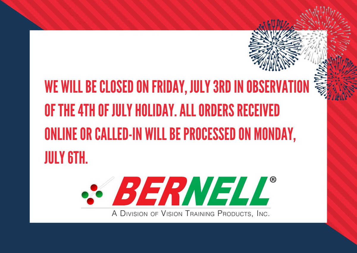 bernellcorp's tweet photo. Bernell will be closed on Friday, July 3rd in observation of the 4th of July holiday. All orders received online or called-in will be processed on Monday, July 6th. https://t.co/MJ3D3NXhHG