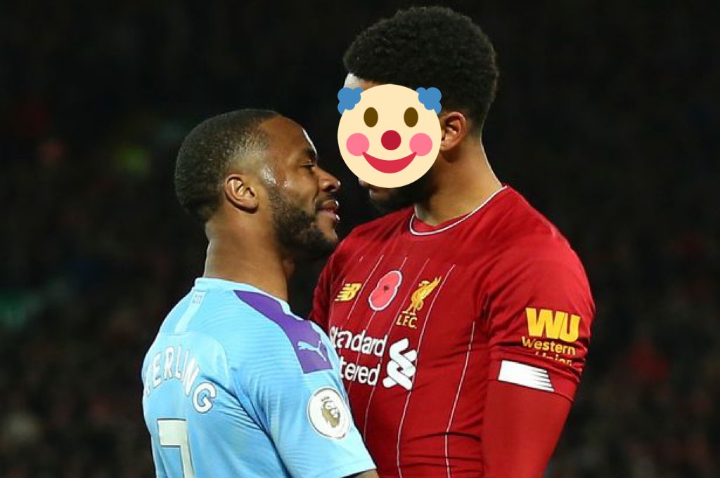 Priceless_MCI's tweet photo. Liverpool fans spent weeks piping up about Gomez only for Sterling to win a pen against him and nutmeg him for a goal. You can’t make this up 😭 https://t.co/sOMv3rUITR