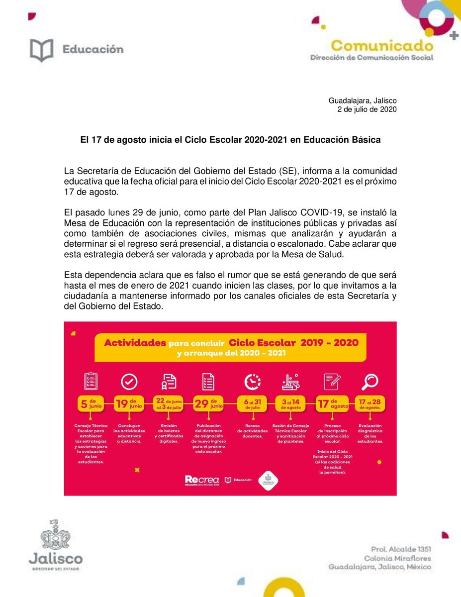 SecEducacionJal's tweet photo. Te compartimos el comunicado sobre la fecha oficial para el inicio del ciclo escolar. https://t.co/C13Ru1P2Yd