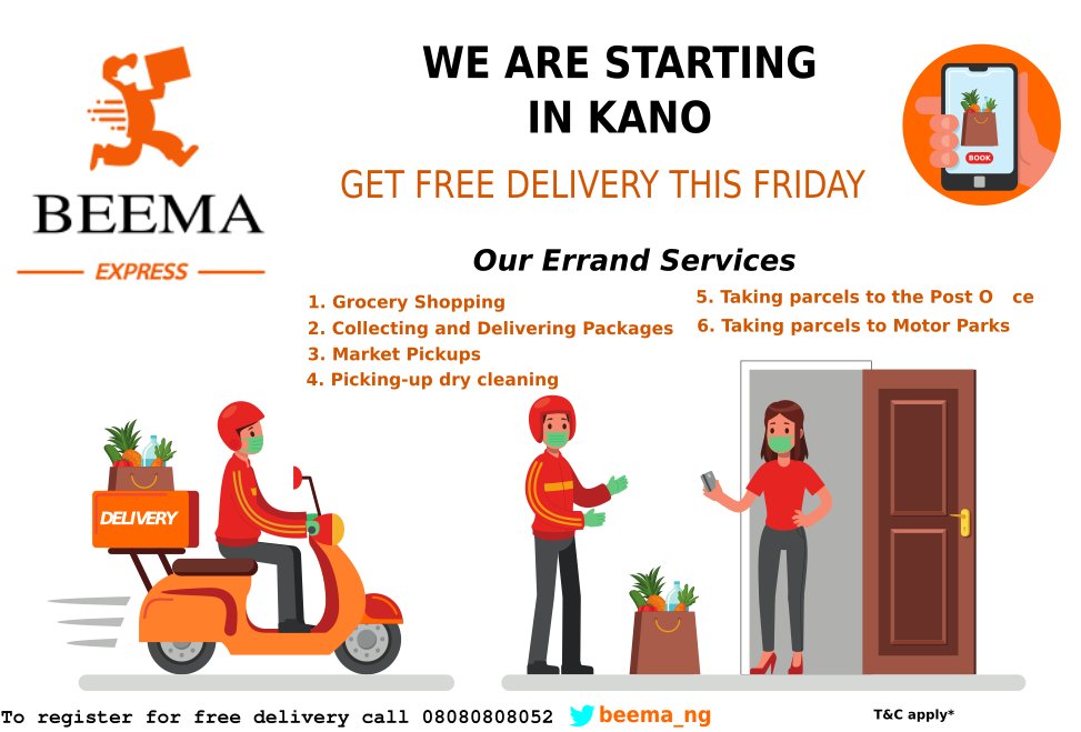 beema_ng's tweet photo. We are starting our operation in Kano. To stand a chance to win a free delivery in Kano tomorrow friday follow us and retweet this tweet. cc @AmyrDbt @Ibee_01 @ArmayauM @MohdMabad @Dongarrus1 @MossQuee @UmarGombe #delivery #errand #groceryshopping https://t.co/wlcWggZLff