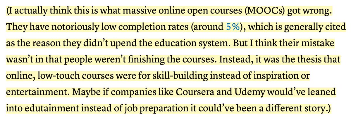 11/ As this post by  @adam_keesling on the success of  @masterclass explains, we think MOOCs "failed" because "only" 5% of students completed themBut "completion" only makes sense for skill-building courses, not edutainment