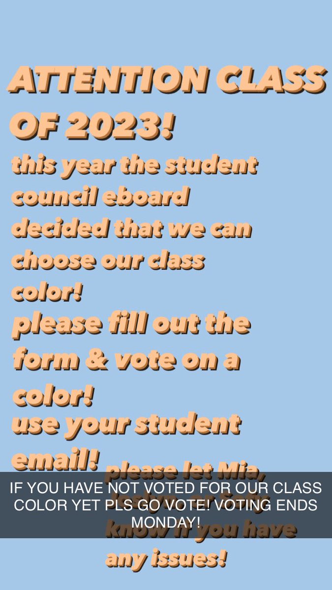LpClassof23's tweet photo. GO VOTE FOR OUR CLASS COLOR! VOTING ENDS MONDAYYYY! link: https://t.co/gK140OuDFa https://t.co/edvXQB6aM0