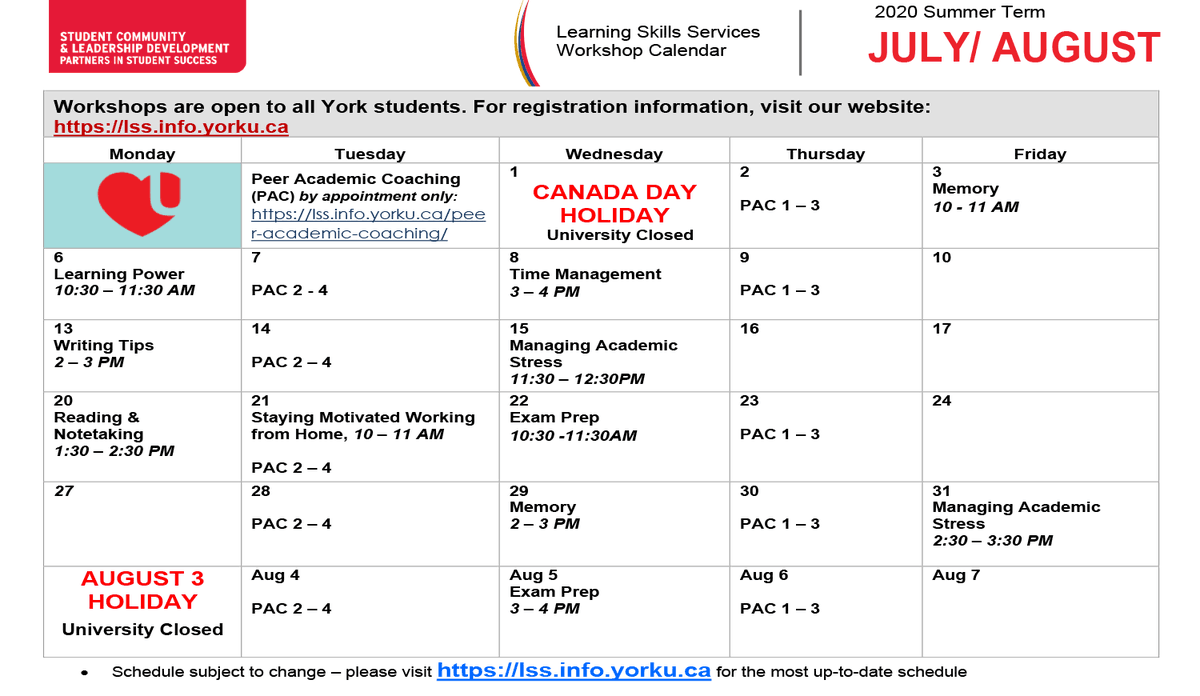 mechlassonde's tweet photo. Learning Skills Webinars July/Aug2020 (open to all York Students, booking required) https://t.co/gHukjOdNHf
Memory July3 @ 10am
Learning Power July6 @ 10:30am
Writing Tips July13 @ 2pm
Reading and Notetaking  July20 @ 1:30pm
Staying Motivated July21 @ 10am
Memory July29 @ 2pm https://t.co/SfxdXwetpM
