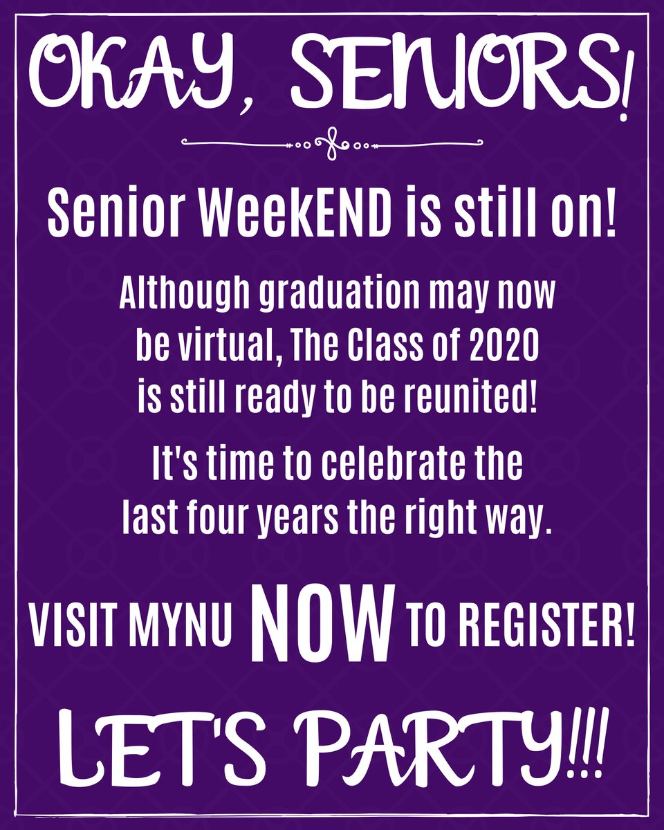 NiagaraU2020's tweet photo. Oh, hey there SENIORS! Have no fear... Senior WeekEND is ON! Check out the details and let us know if you have any questions!💜🦅 🎊 https://t.co/og5YGWkHMl