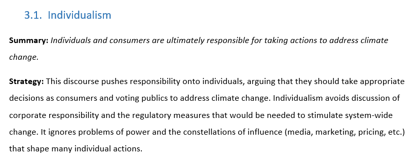 Discourse of  #ClimateDelay #1: Individualism. It's when they pretend that climate action is just a question of individuals making different choices. The goal is to avoid talking about anything that goes beyond that.