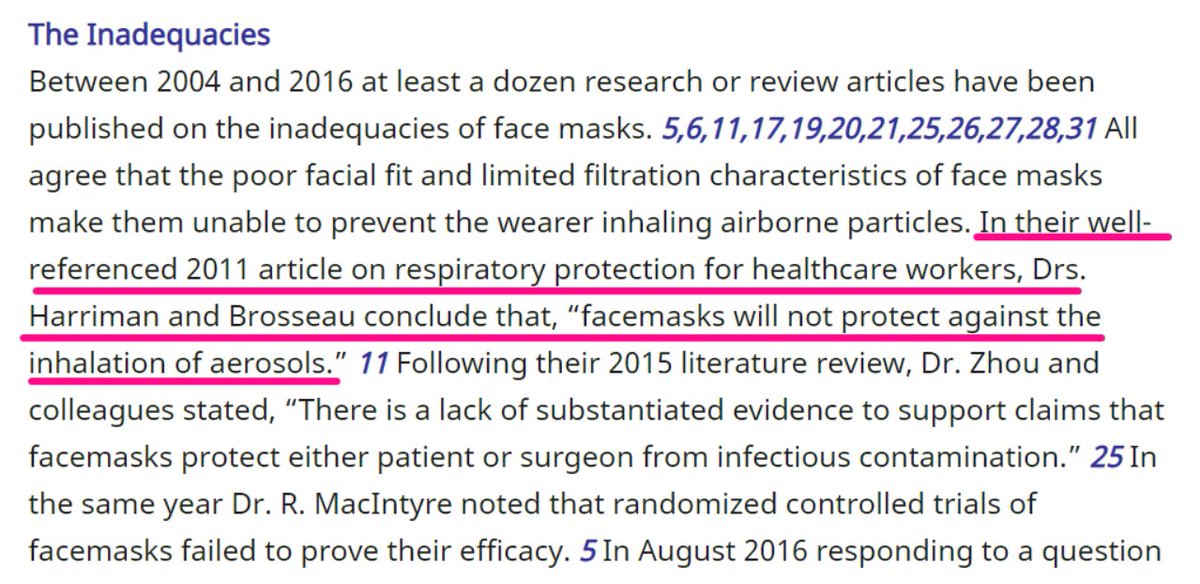 30/More from OHJ: "Between 2004 & 2016 at least a dozen research or review articles have been published on the inadequacies of face masks. All agree that the poor facial fit & limited filtration...of face masks make them unable to prevent the wearer inhaling airborne particles."