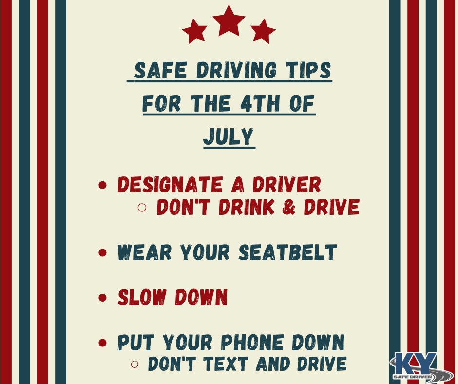 LouKyCourtClerk's tweet photo. Safe driving tips for the #4thofJulyWeekend (and Everyday)!
-- #designateadriver #dontdrinkanddrive
-- #wearyourseatbelt #buckleup 
-- #slowdown 
-- #donttextanddrive 
🇺🇸🎉🎇 @kentuckycourts @KACo @KySafeDriver #arrivealive #kentuckysafedriver @KYTC #TeamKentucky https://t.co/pAqT63d7M4
