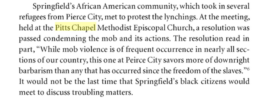 In 1901 Springfield's African American community gathered at Pitts to protest the lynchings in nearby Pierce City, Missouri. This event and story of horrific Springfield 1906 Easter lynchings is told in Harper's White Man's Heaven  https://www.uapress.com/product/white-mans-heaven/