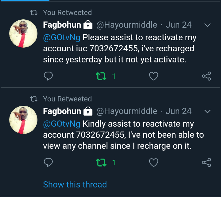 <a href="/GOtvNg/">GOtv Nigeria</a> kindly assist to refund my money since it's hard for you to reconnect my decoder since June 24 till date, and at this stage I'm trashing the decoder if it can't be reconnect tonight