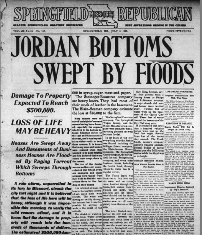 Newspaper accounts from July 1909 record the destruction of an unidentified African American church and several houses that were "washed away" by the flooding from Springfield's Jordan Creek.